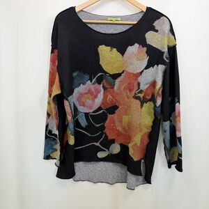 Lily London Top Women's Large Black Tunic Lagenlook Artsy Floral Raw Hem